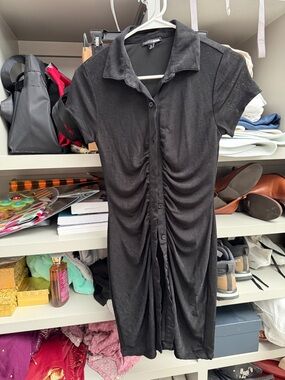 Fashion Nova Black Ruched Button-Front Midi Dress